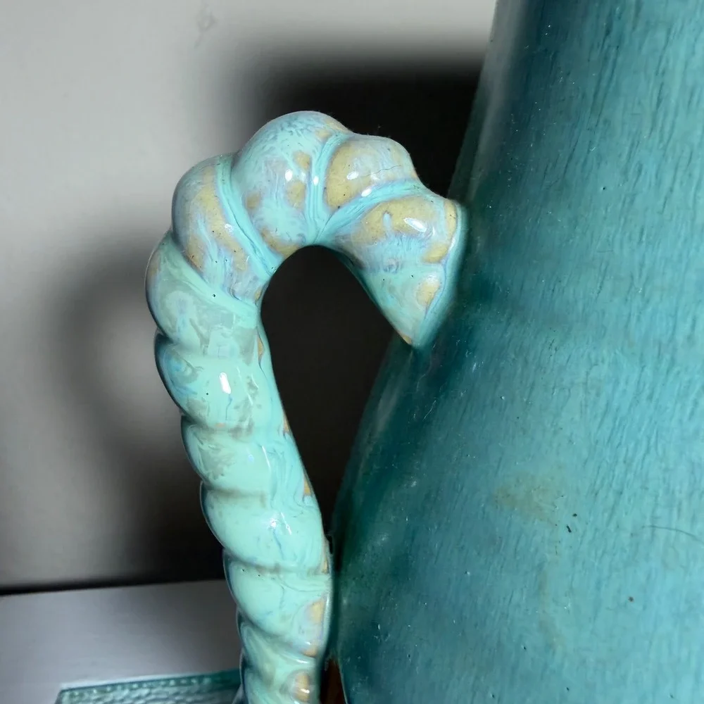 Terracotta Lion Head Vase Turquoise Drip Glaze Twisted Handle Amphora 11.25